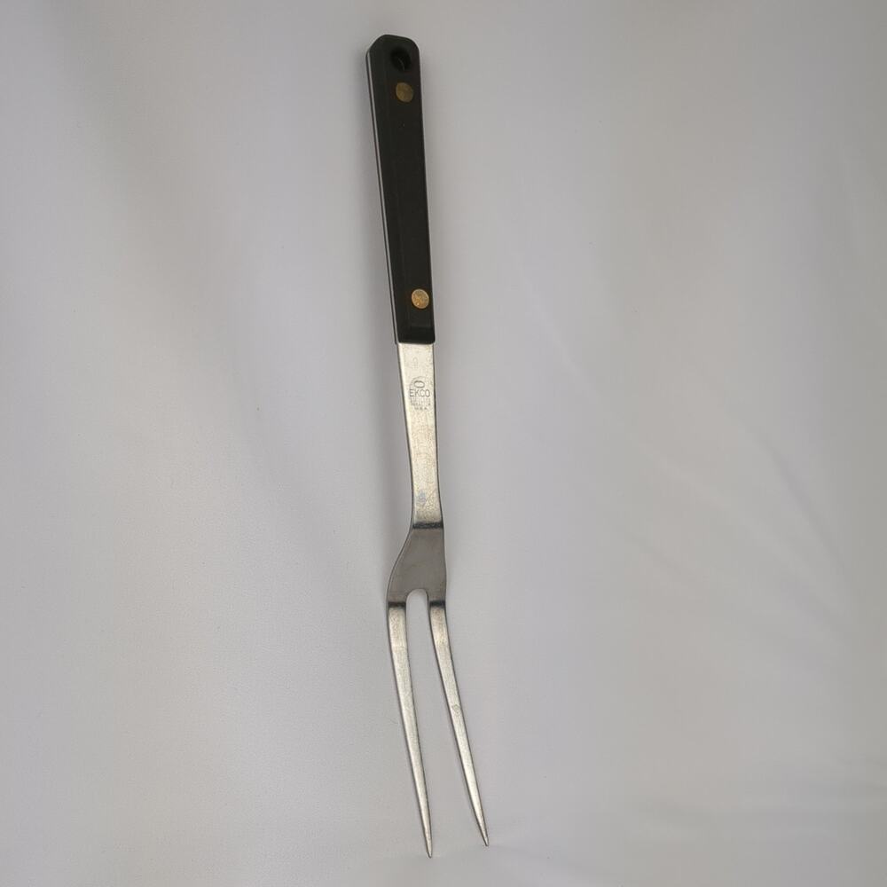 Vtg Ekco Flint Stainless Vanadium USA Meat Carving Serving Fork Black Handle 12”